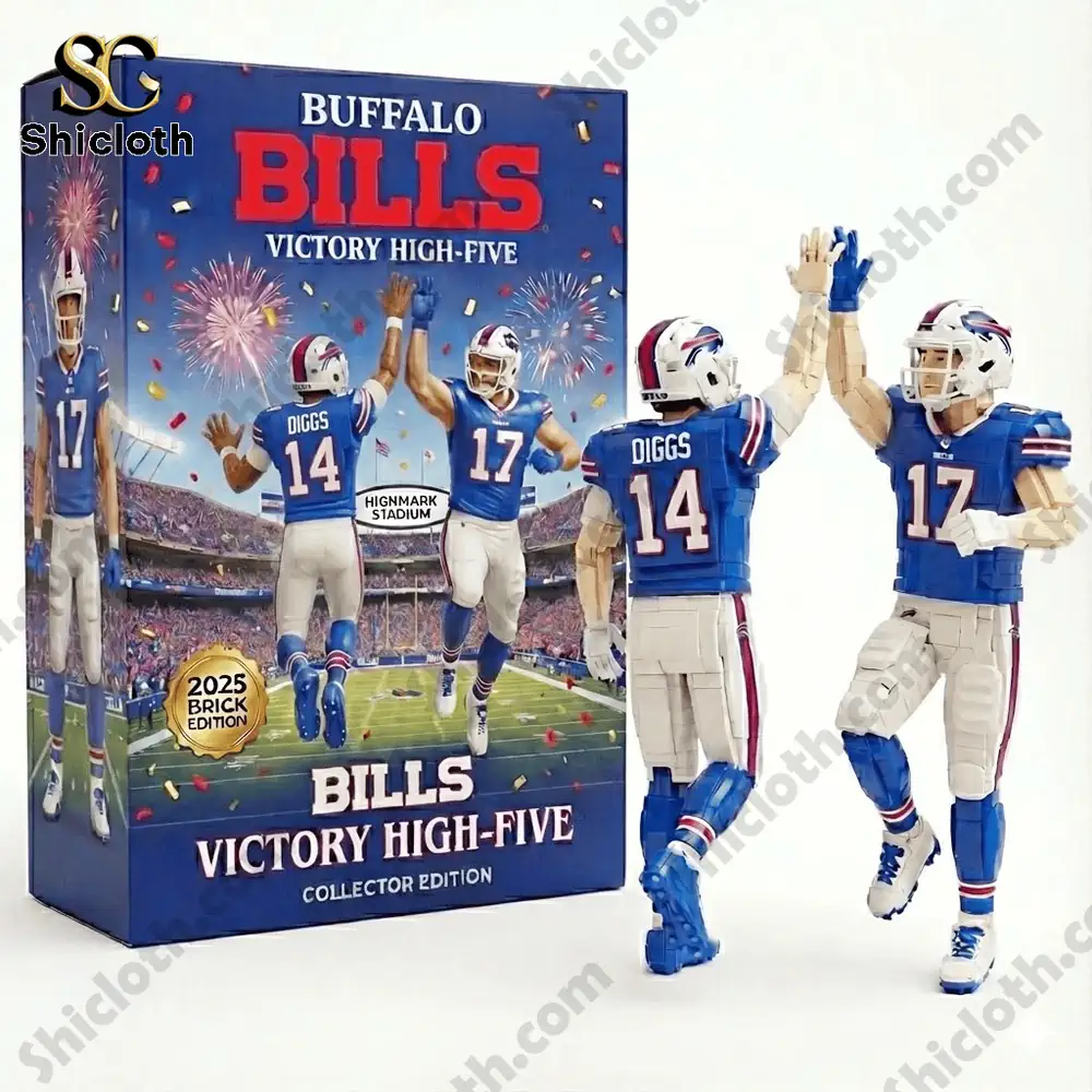 Two brick style football figures in Buffalo Bills uniforms giving a victory high five near a stadium backdrop!