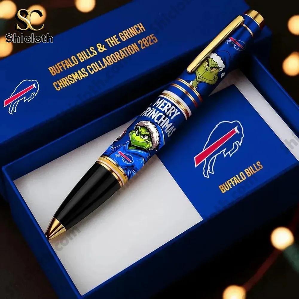 Colorful pen featuring the Grinch and Buffalo Bills branding in a gift box!
