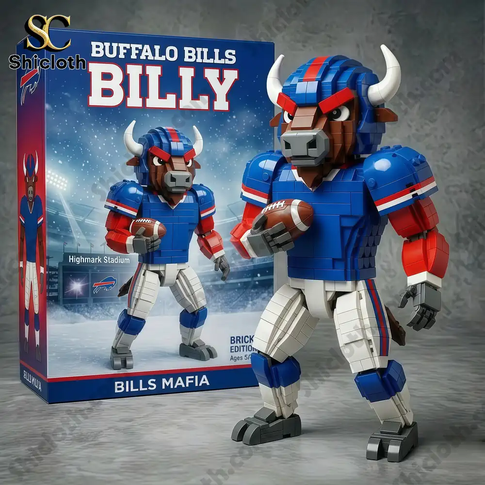 Buffalo Bills Billy brick figure standing next to collector box!