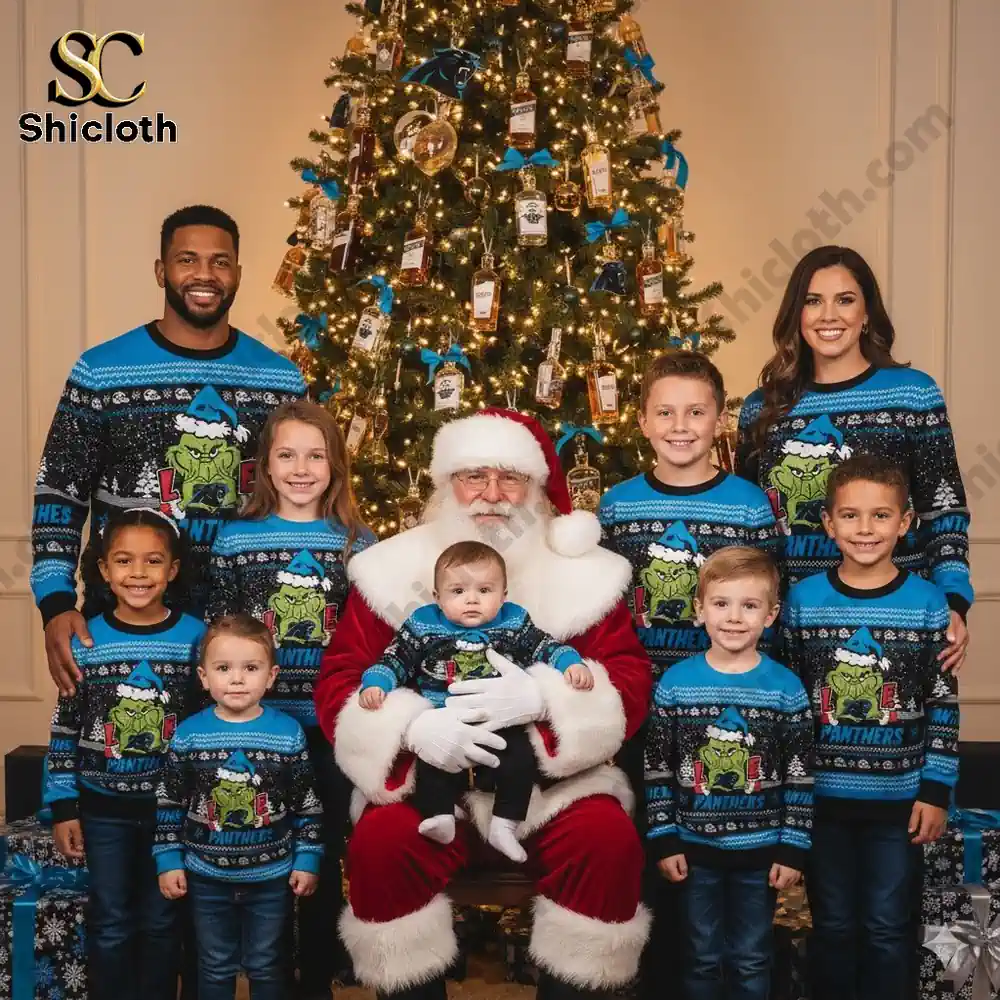Carolina Panthers The Grinch wearing a Santa Claus hat Ugly Christmas Sweaters
