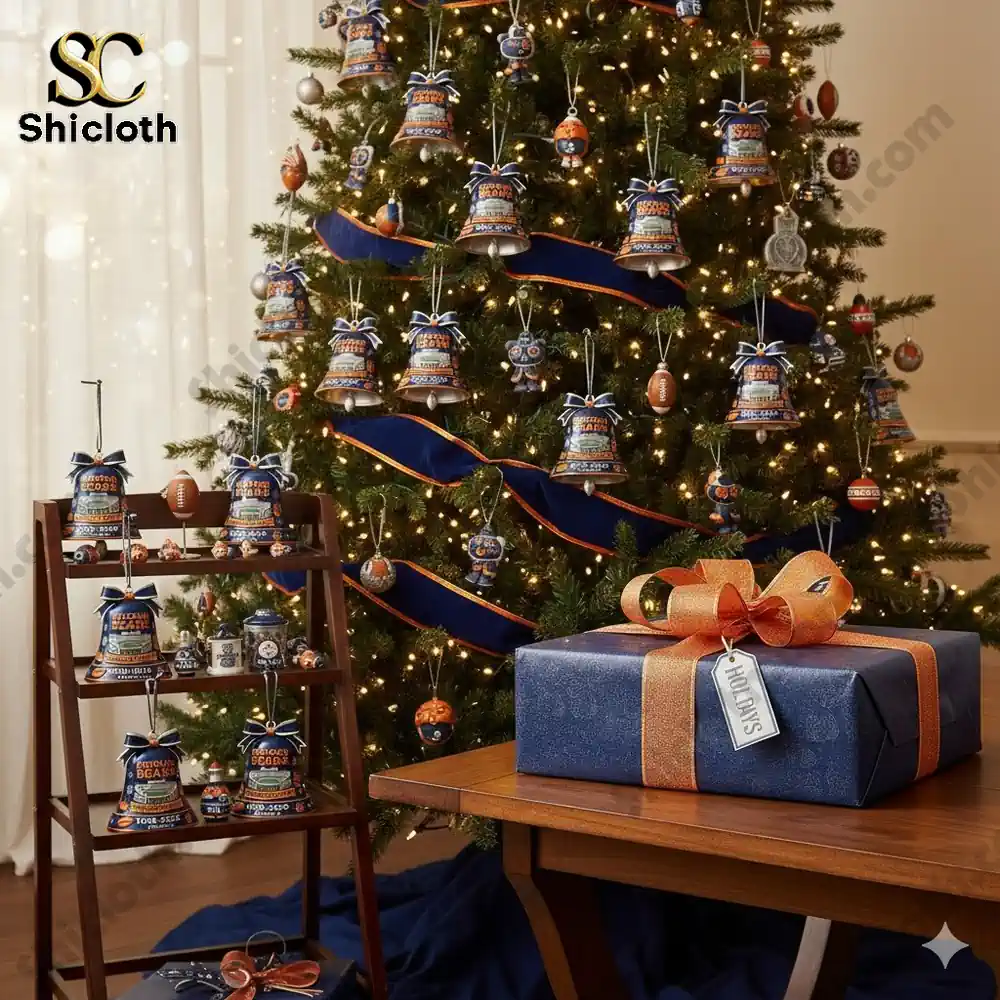 Chicago Bears themed christmas tree with many bell ornaments and a gift box beside it.