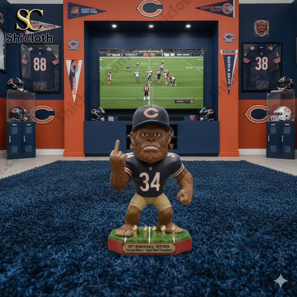 Chicago Bears mascot figure standing in fan cave display