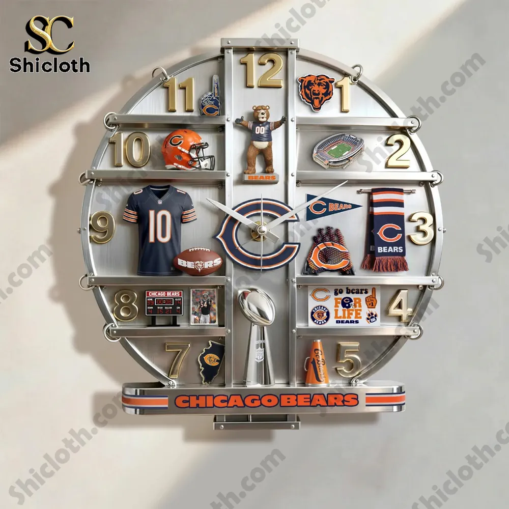 A wall clock featuring Chicago Bears themed items and memorabilia!