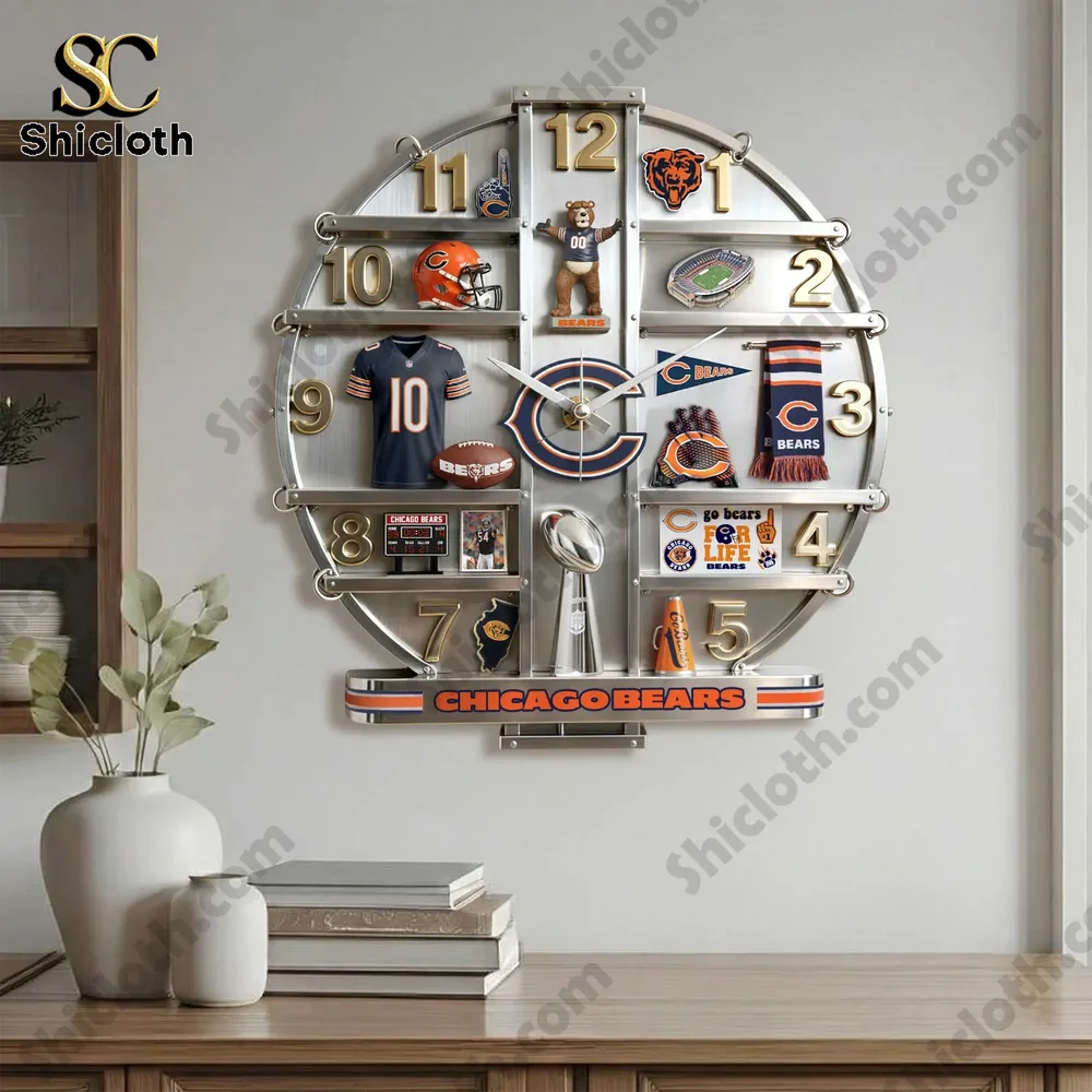 A Chicago Bears themed wall clock hanging on a living room wall!