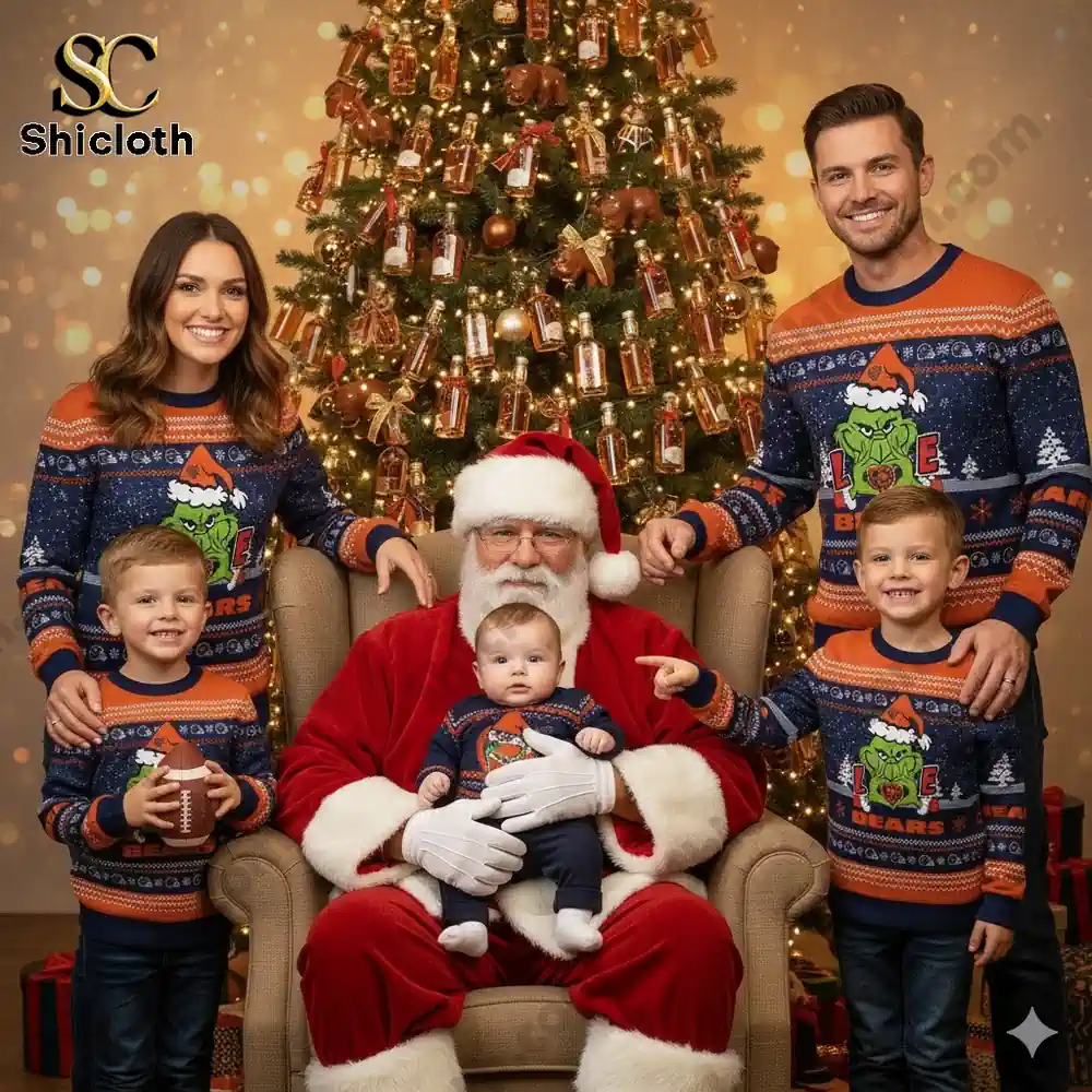 Chicago Bears The Grinch wearing a Santa Claus hat Ugly Christmas Sweaters