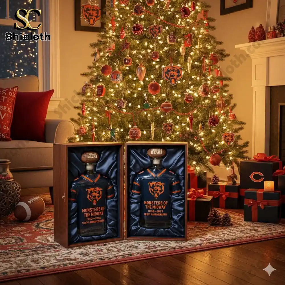 Chicago Bears anniversary bottles displayed by holiday tree!
