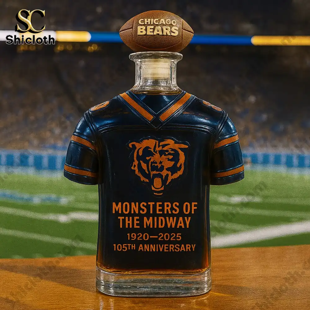 Chicago Bears jersey whiskey bottle on football field