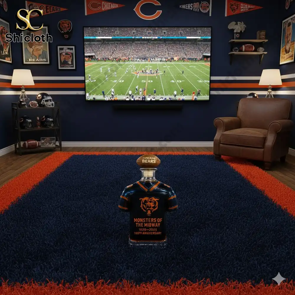 Chicago Bears jersey whiskey bottle in fan cave room