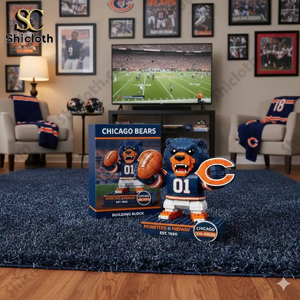 Chicago Bears bear building block displayed in a sports themed living room!