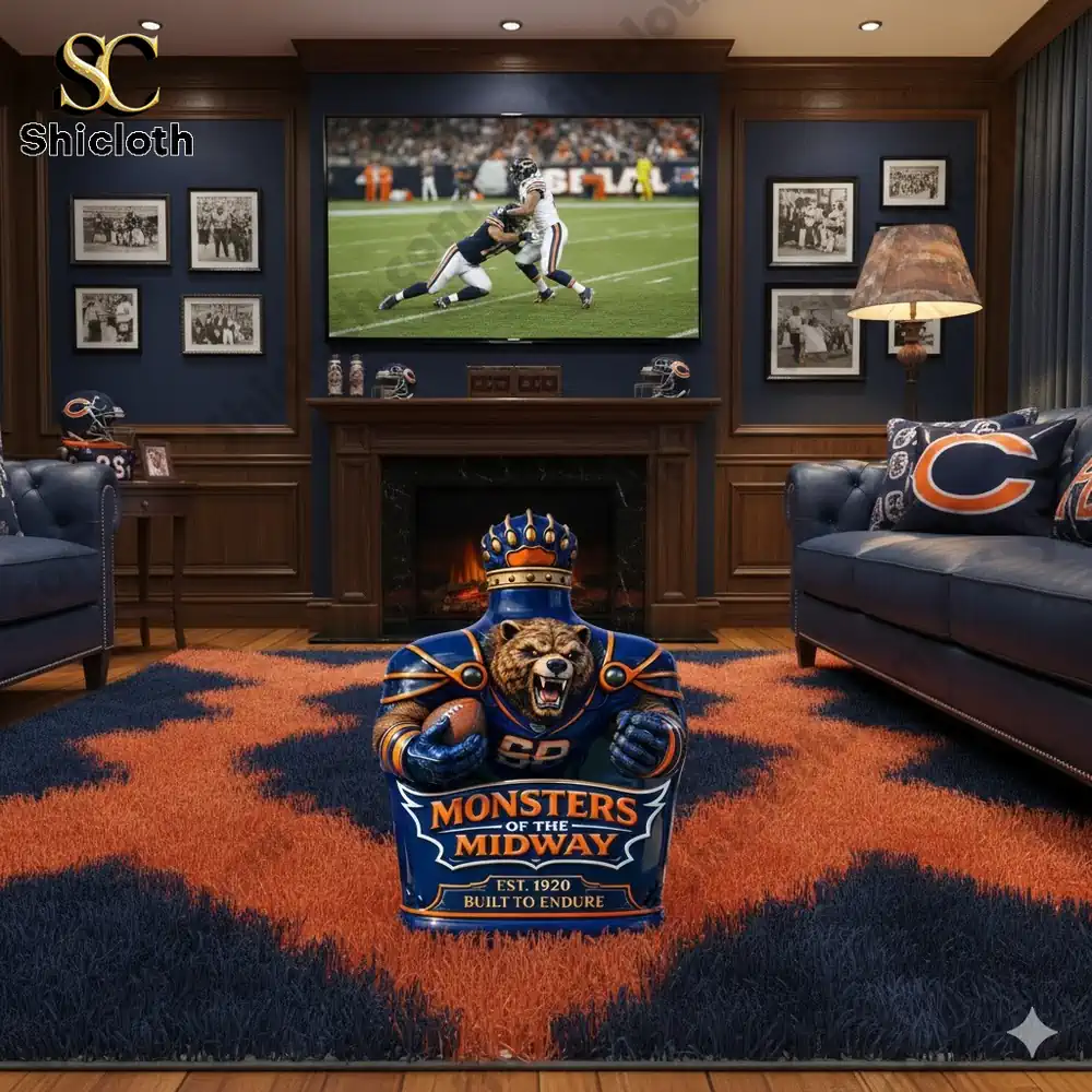 Chicago Bears Monsters of the Midway whiskey bottle displayed in a fan's room with Chicago Bears memorabilia.