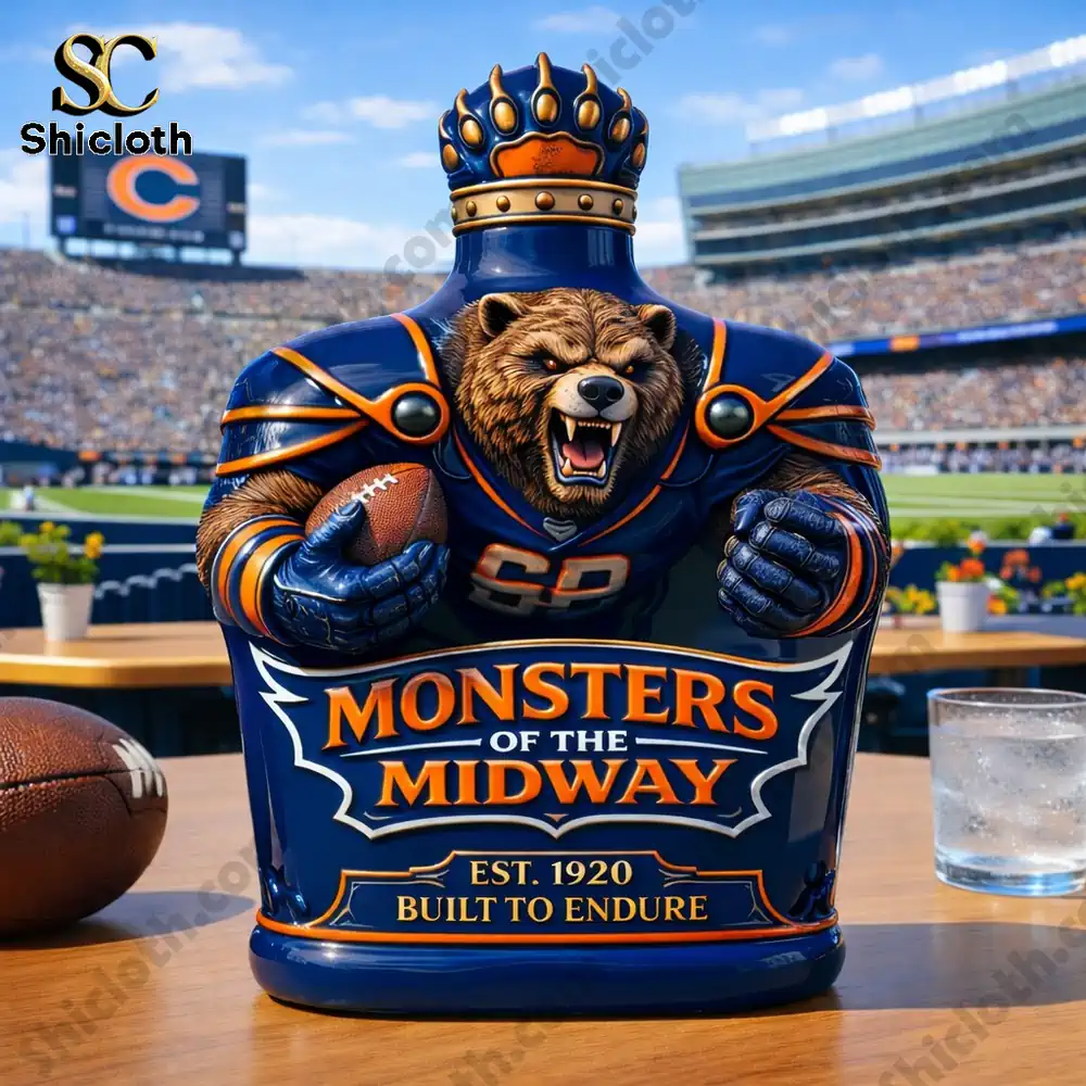 Close-up of the Chicago Bears Monsters of the Midway whiskey bottle with Soldier Field in the background.