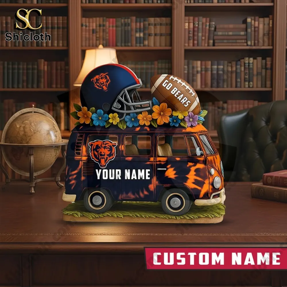 Chicago Bears van bus acrylic plaque displayed on a wooden desk in a classic study!