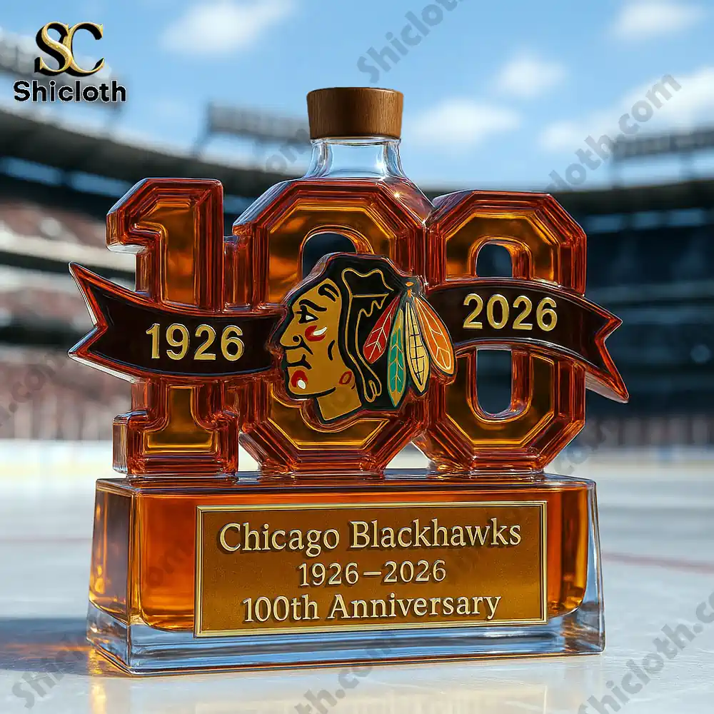 Chicago Blackhawks 100th Anniversary 1926-2026 Christmas Gift Whiskey Bottle 3 Anniversary bottle on an ice rink with a wooden cap!
