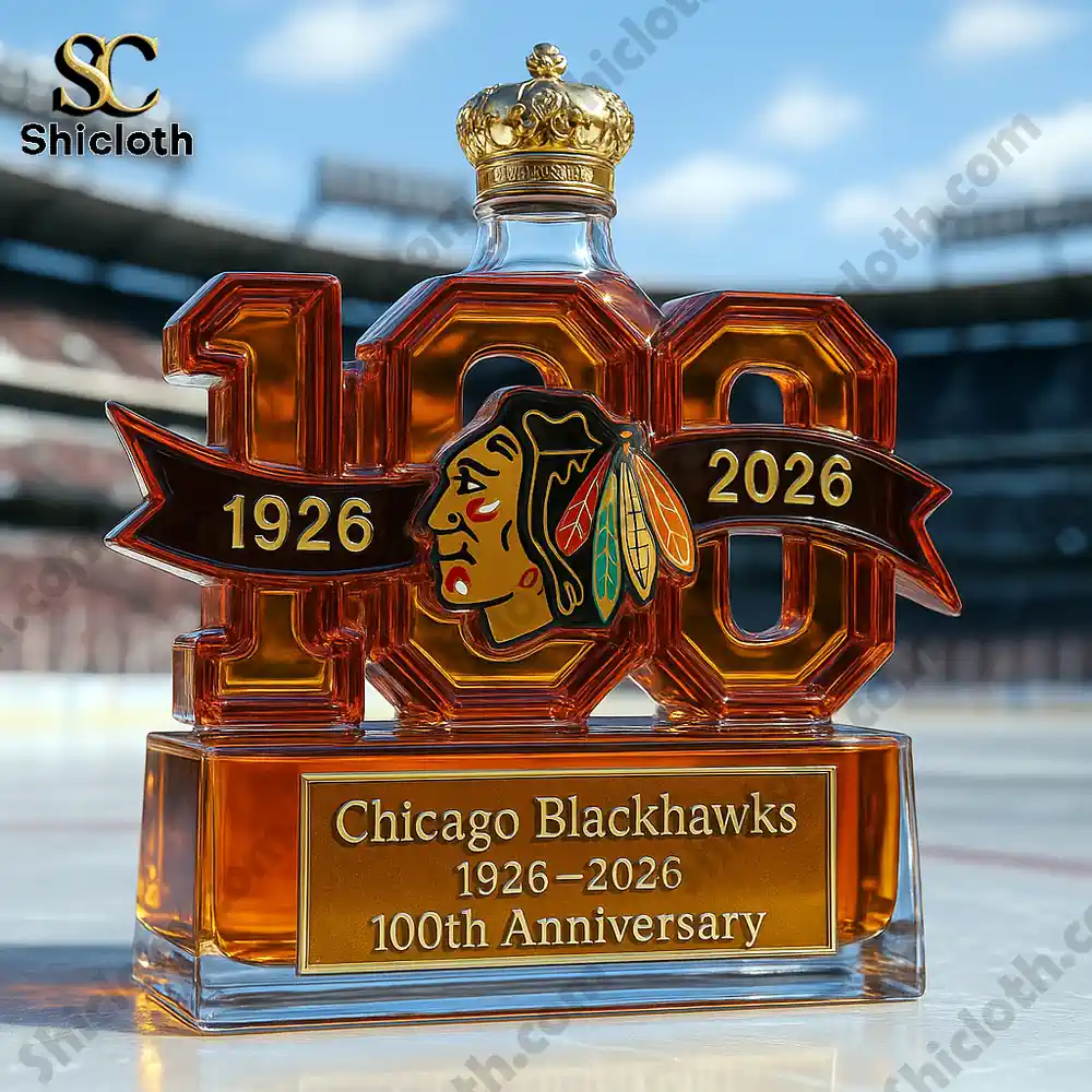 Chicago Blackhawks 100th Anniversary 1926-2026 Christmas Gift Whiskey Bottle 4 Anniversary bottle on an ice rink with a gold crown cap!