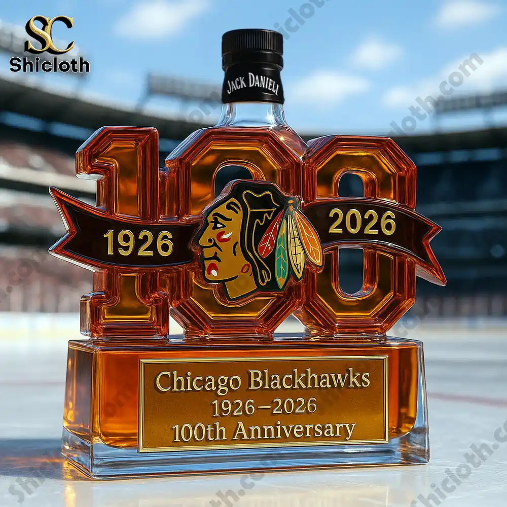 Chicago Blackhawks 100th Anniversary 1926-2026 Christmas Gift Whiskey Bottle 5 Anniversary bottle on an ice rink with a Jack Daniel style cap!