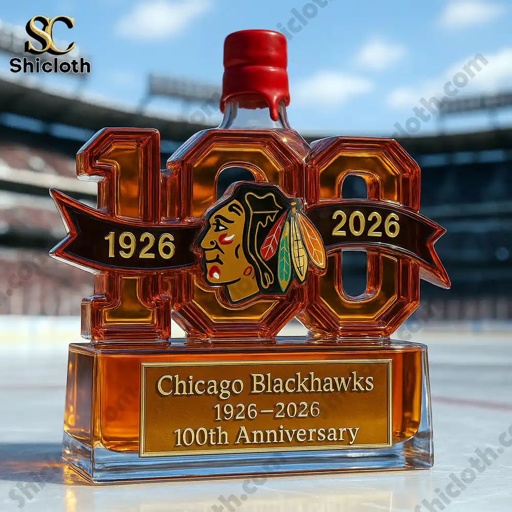 Chicago Blackhawks 100th Anniversary 1926-2026 Christmas Gift Whiskey Bottle 7 Anniversary bottle on an ice rink with a red cap!
