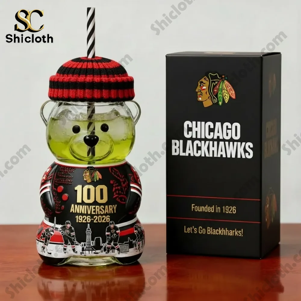 Chicago Blackhawks 100th Anniversary Bear Cup 3 Chicago Blackhawks anniversary bear bottle with branded box on table!