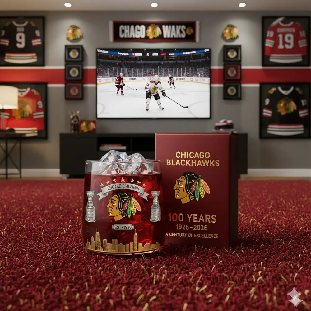 A Chicago Blackhawks themed glass with ice sits on a red carpet in a fan room with a hockey game playing on a large screen.