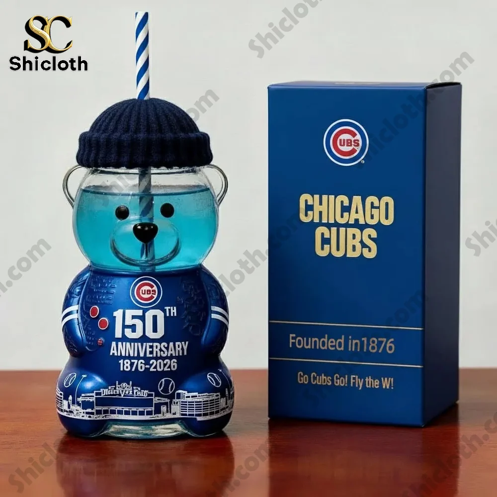 Chicago Cubs 150th Anniversary Bear Cup 3 Chicago Cubs anniversary bear bottle with blue gift box!