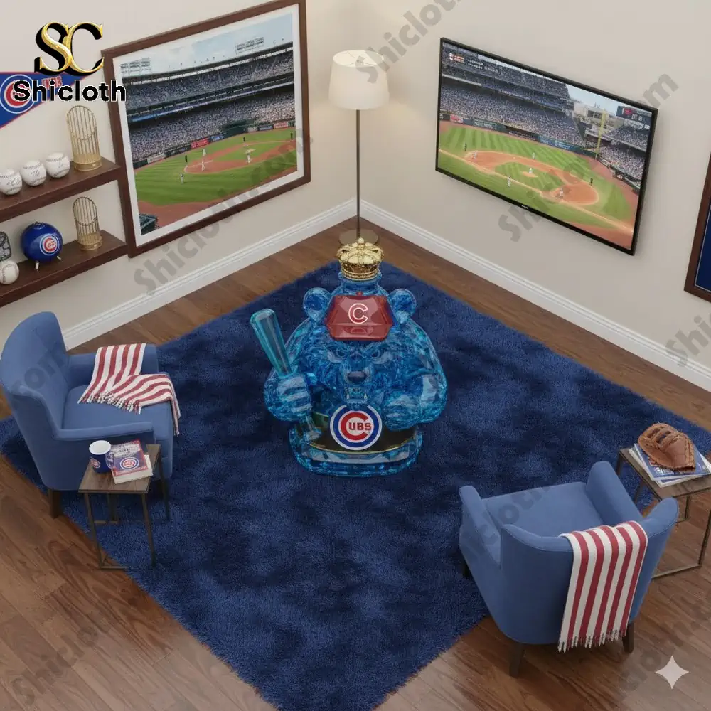 A blue crystal bear statue with a bat stands on a rug in a Chicago Cubs themed room.