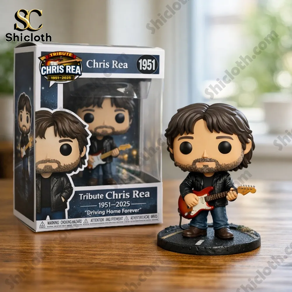 Chris Rea tribute guitar figure with box display on wooden table!