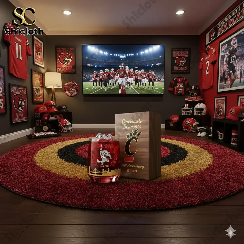 Cincinnati Bearcats fan room with whiskey glass display!