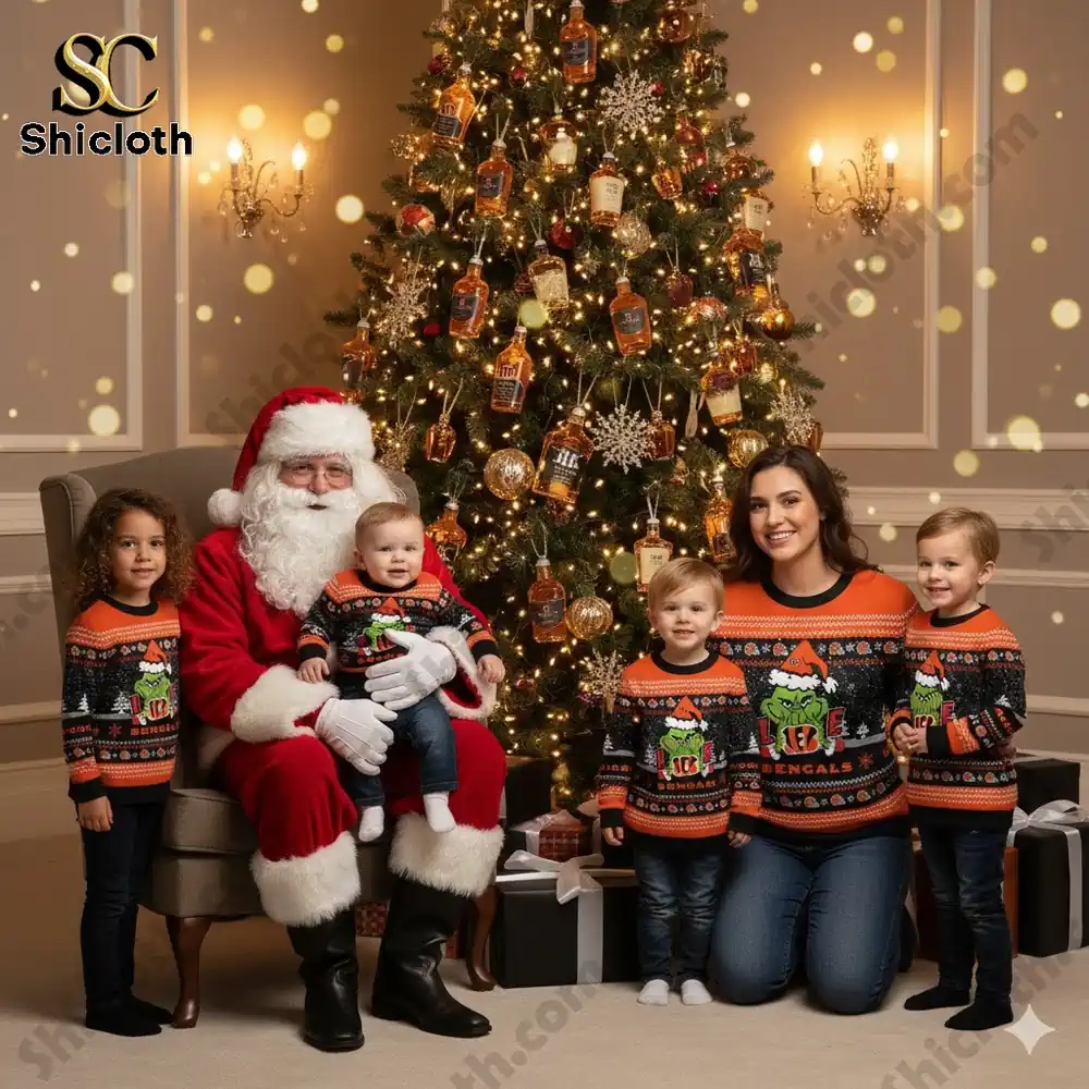 Cincinnati Bengals The Grinch wearing a Santa Claus hat Ugly Christmas Sweaters