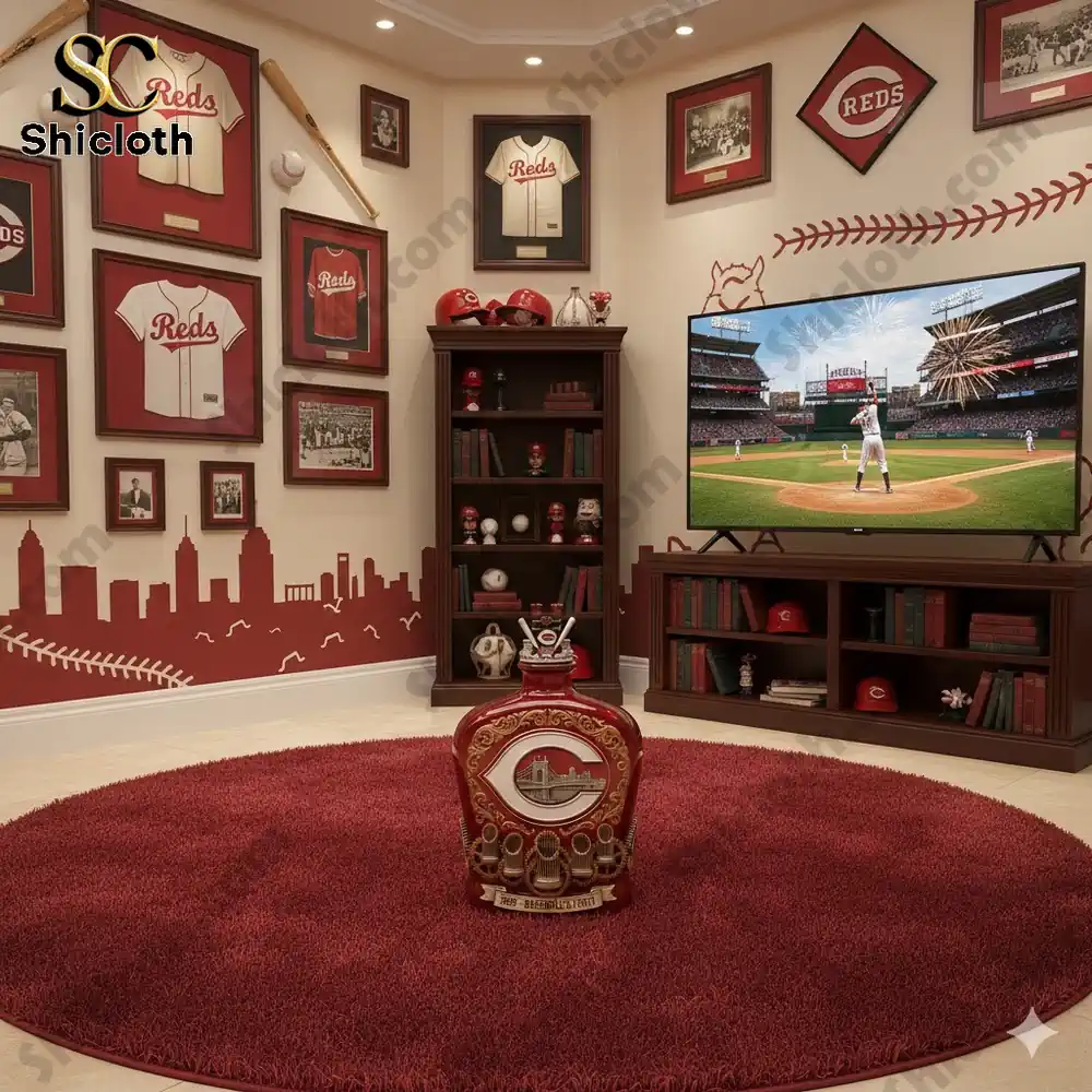 A cozy room decorated with Cincinnati Reds memorabilia, featuring a collectible bottle as a centerpiece and a TV showing a Reds baseball game.