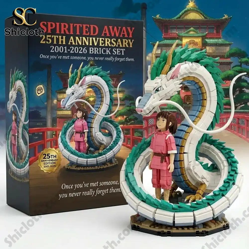 A brick model of a girl and a dragon displayed beside a product box.