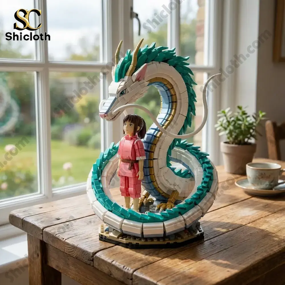 A brick model of a girl and a dragon on a wooden table by a window.