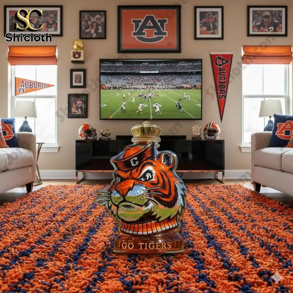 Tiger shaped decorative bottle in an Auburn themed living room.
