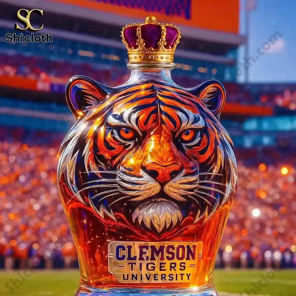 Tiger head shaped bottle with a crown cap displayed on a stadium field!