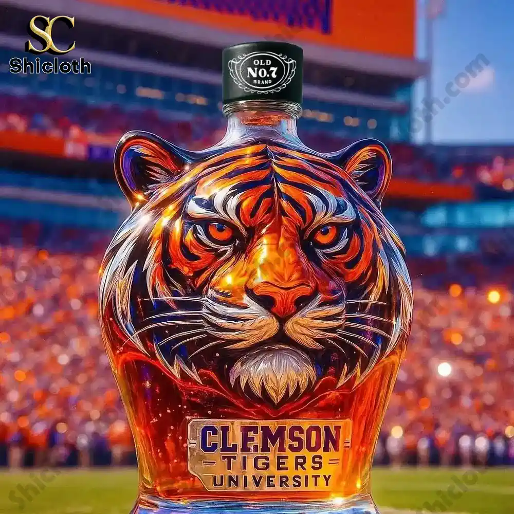 Clemson Tigers Christmas Gift Whiskey Bottle 3 Tiger head shaped bottle with an Old No7 style cap on a stadium field!