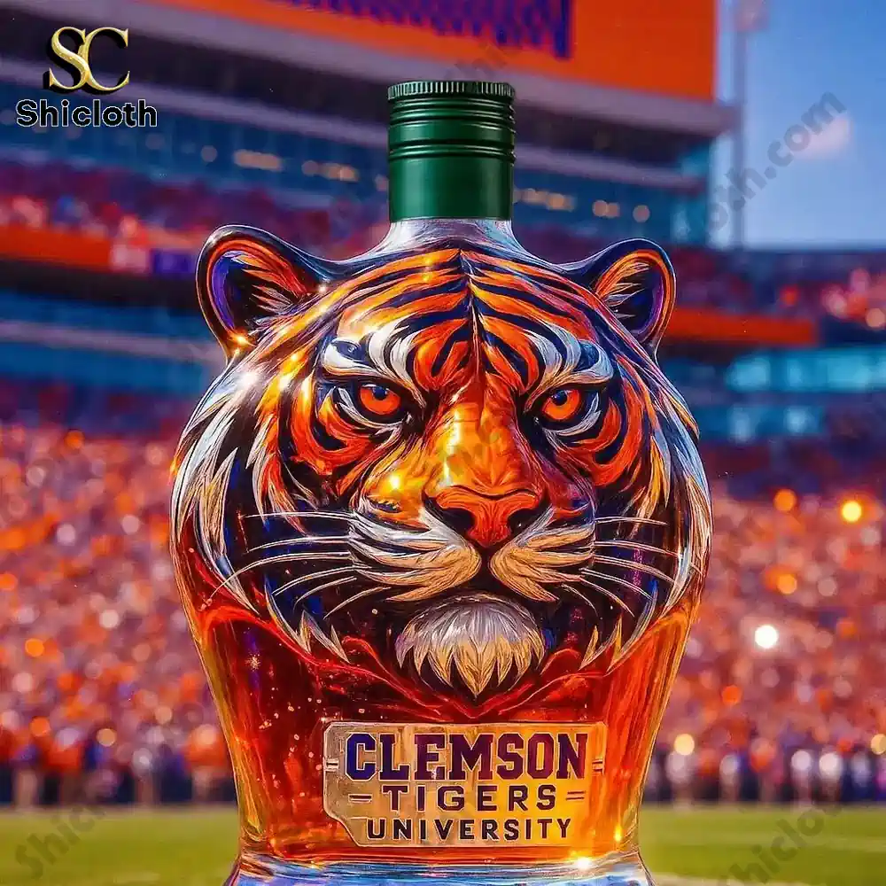 Clemson Tigers Christmas Gift Whiskey Bottle 5 Tiger head shaped bottle with a green cap on a stadium field!