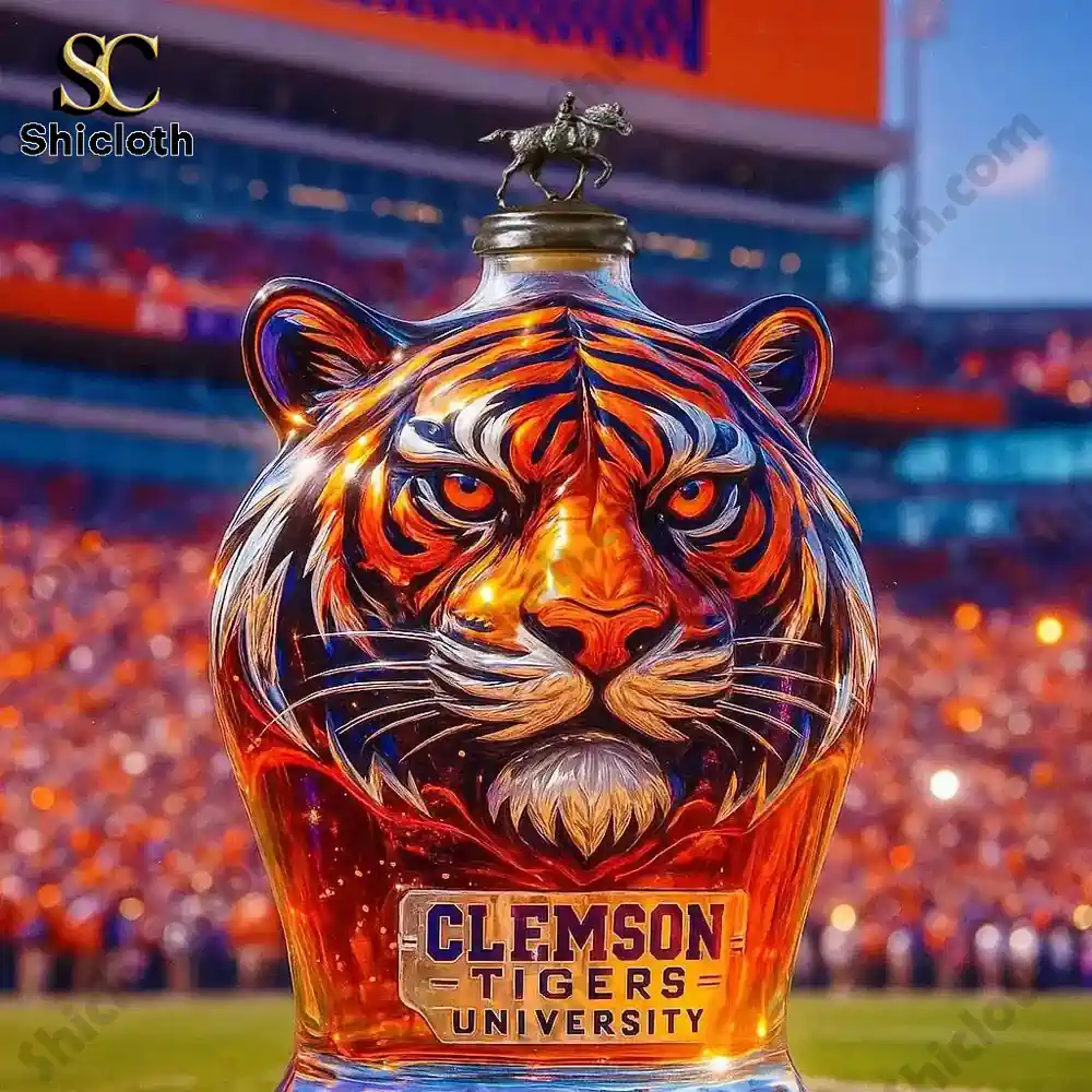 Clemson Tigers Christmas Gift Whiskey Bottle 6 Tiger head shaped bottle with a rider figurine cap on a stadium field!