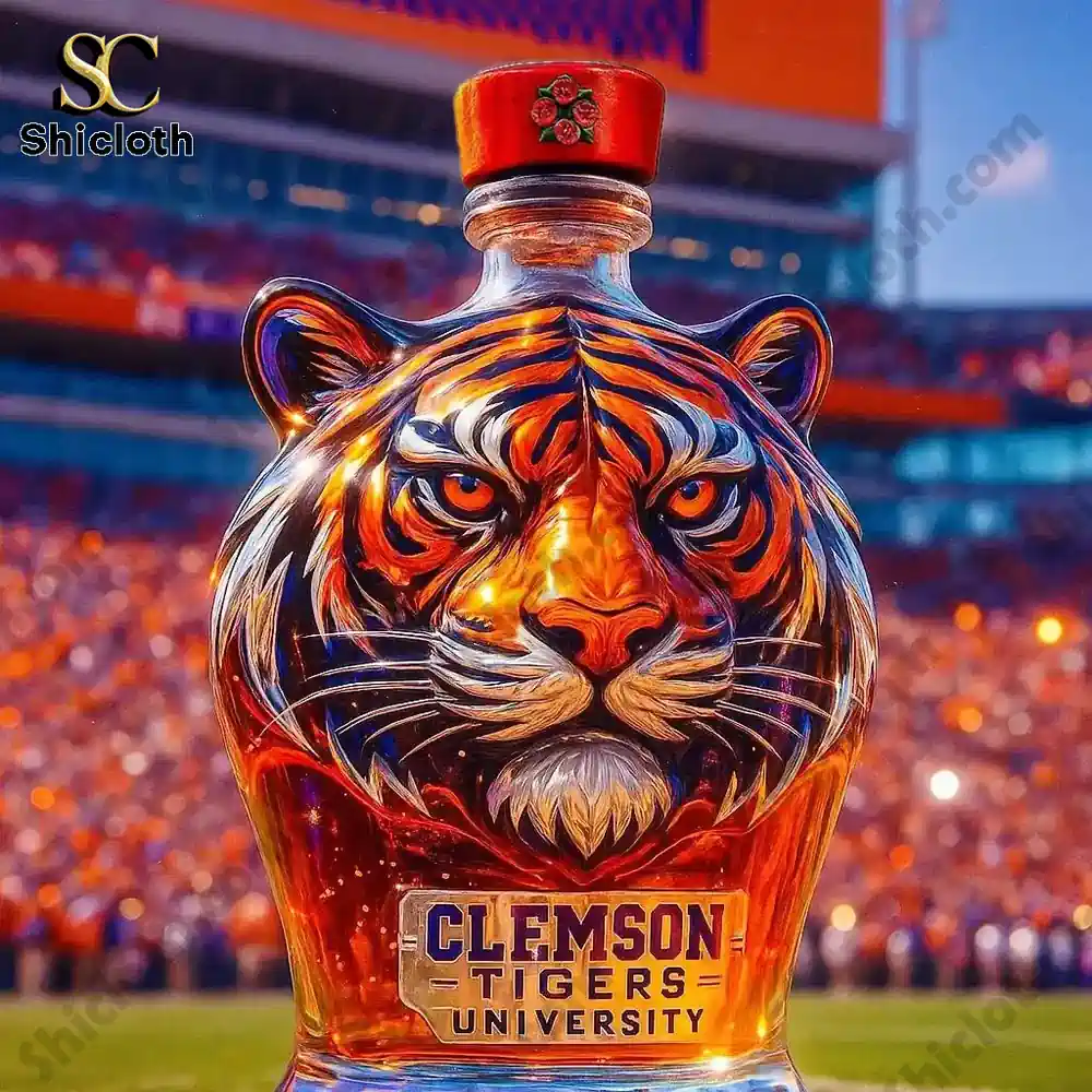 Clemson Tigers Christmas Gift Whiskey Bottle 7 Tiger head shaped bottle with a floral red cap on a stadium field!
