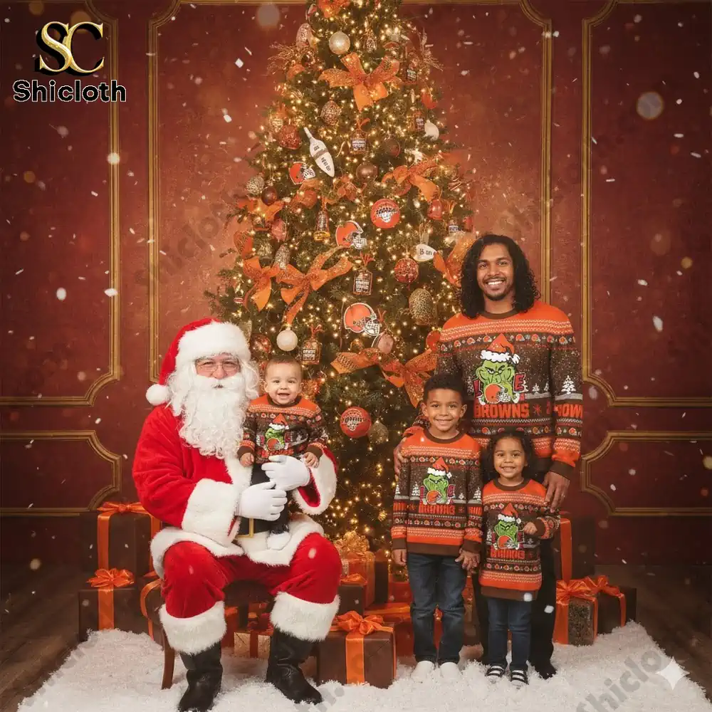 Cleveland Browns The Grinch wearing a Santa Claus hat Ugly Christmas Sweaters