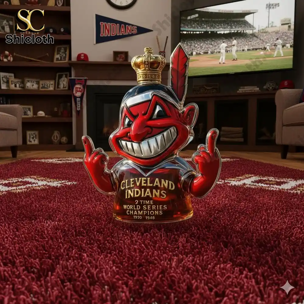 A bottle shaped like a red mascot with a crown and feather displayed on a carpeted living room floor with baseball decor.