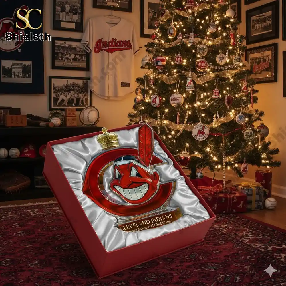 A commemorative Cleveland Indians bottle displayed in a gift box near a Christmas tree.