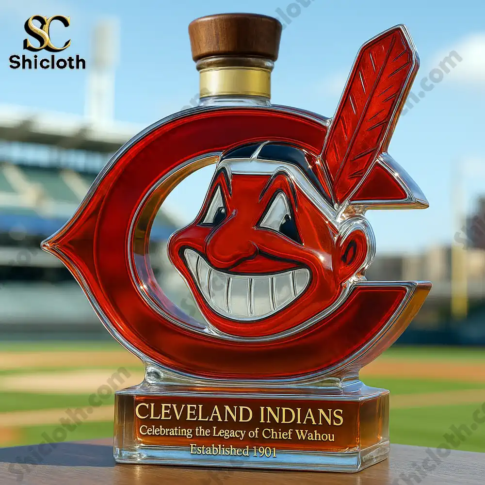 Cleveland Indians Commemorative Christmas Gift Whiskey Bottle 3 A Cleveland Indians themed bottle with a wooden cap displayed on a baseball field.