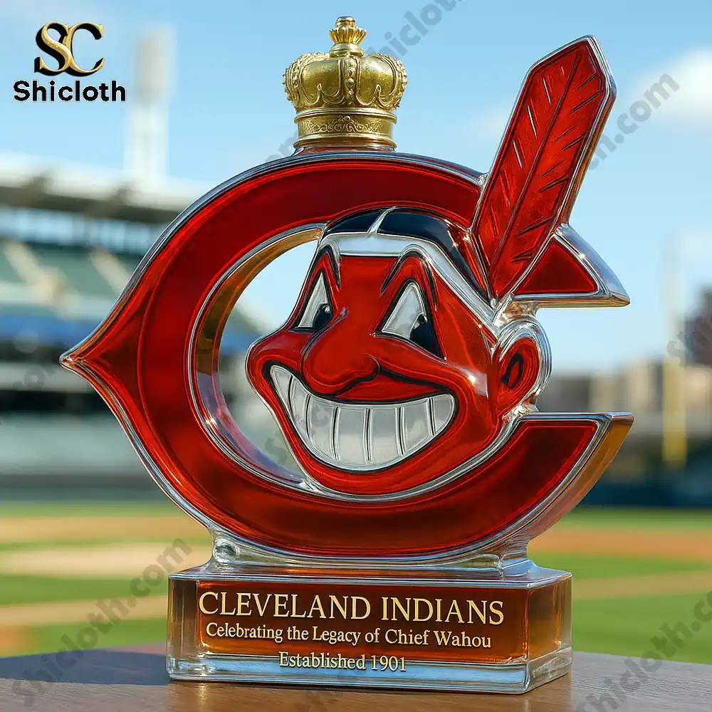 Cleveland Indians Commemorative Christmas Gift Whiskey Bottle 4 A Cleveland Indians bottle topped with a gold crown displayed on a ballpark surface.