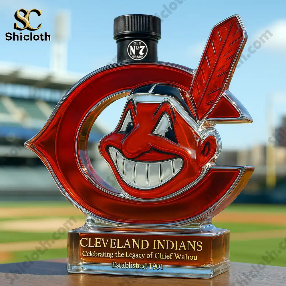 Cleveland Indians Commemorative Christmas Gift Whiskey Bottle 5 A Cleveland Indians themed bottle with a black branded cap on a baseball field.