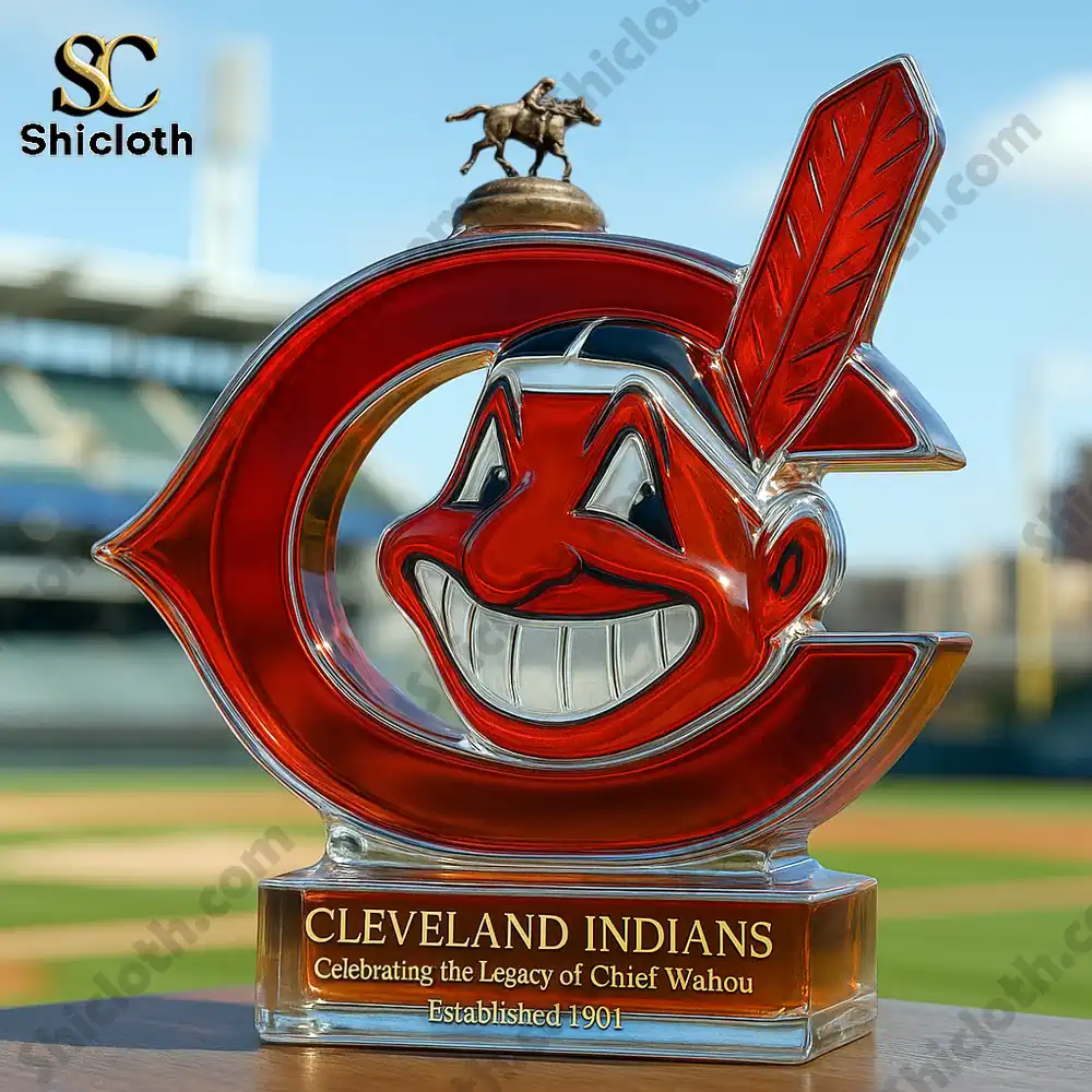 Cleveland Indians Commemorative Christmas Gift Whiskey Bottle 6 A Cleveland Indians themed bottle topped with a small horse figure on a baseball field.