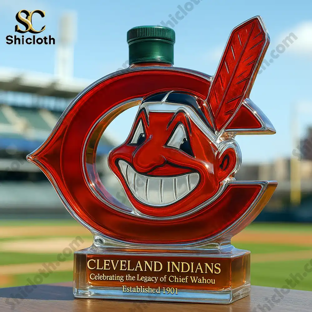 Cleveland Indians Commemorative Christmas Gift Whiskey Bottle 7 A Cleveland Indians styled bottle with a green cap displayed on a ballpark table.