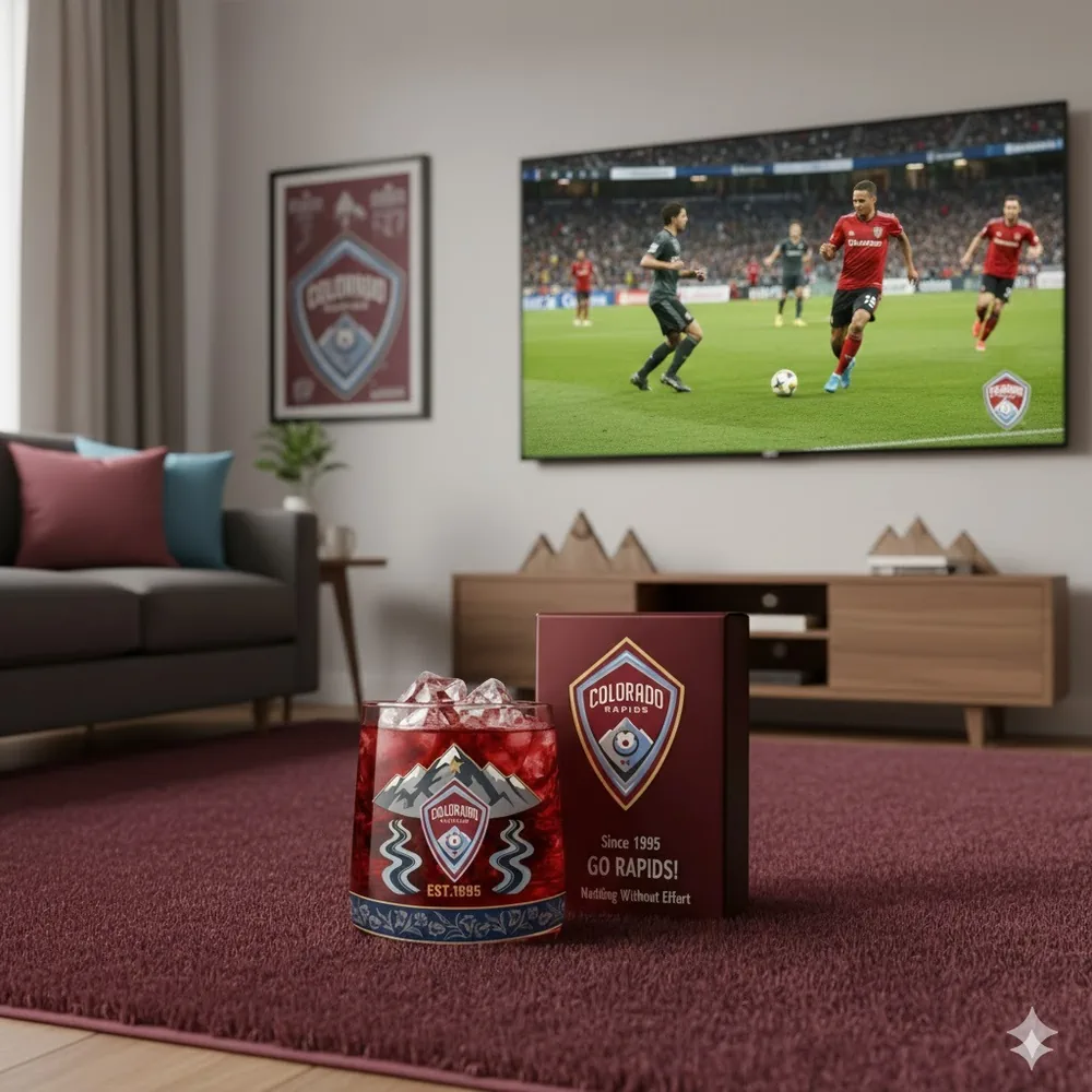 A Colorado Rapids glass and gift box placed on a carpeted living room floor with a soccer match on a TV in the background!