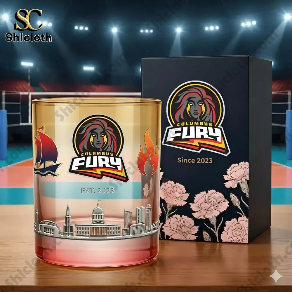 Glass featuring the Columbus Fury logo with a city skyline, fire, and a sailboat.
