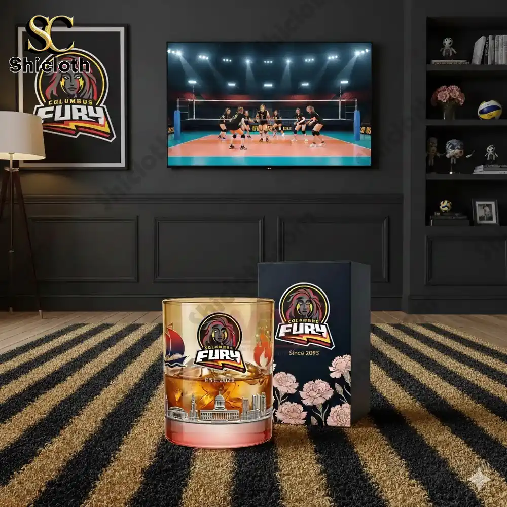 Columbus Fury glass and packaging in a living room with a volleyball game on TV.