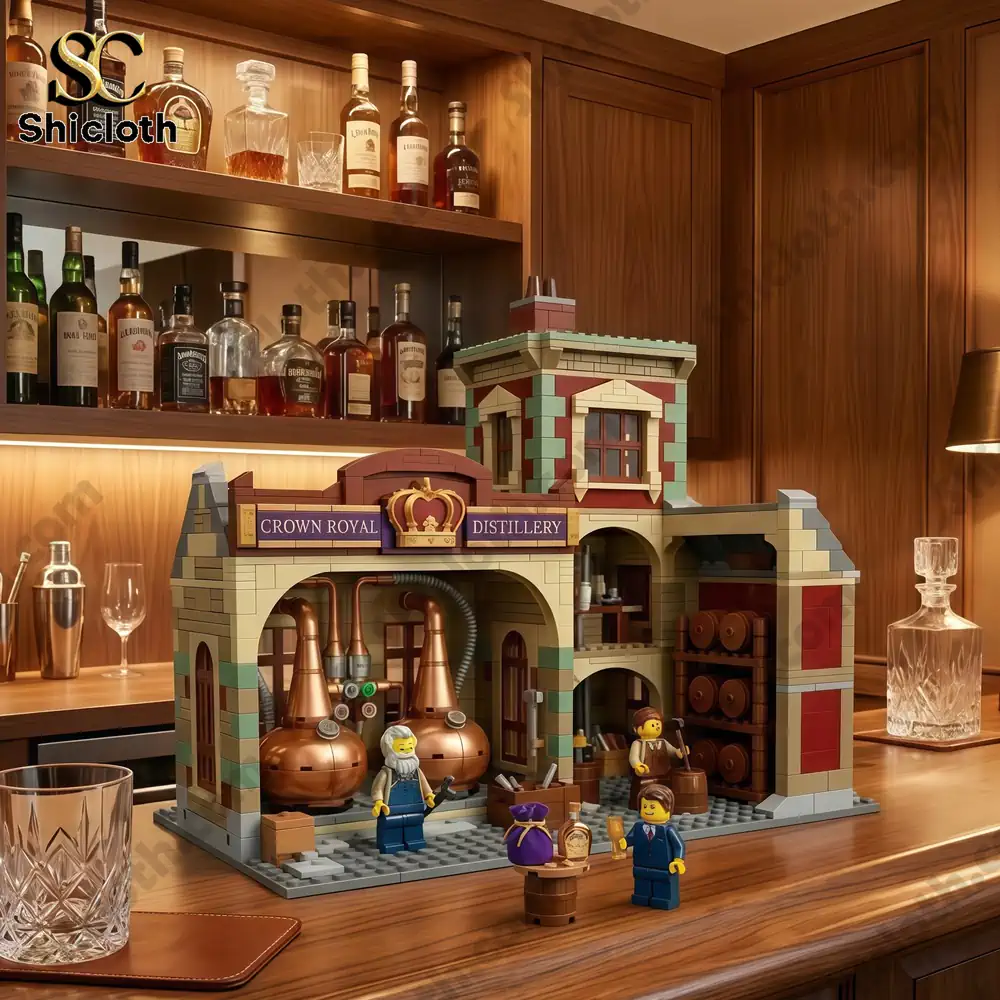 Crown Royal distillery building block display on wooden bar!