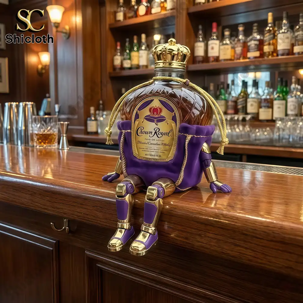 Crown Royal robot bottle sitting on a wooden bar counter!