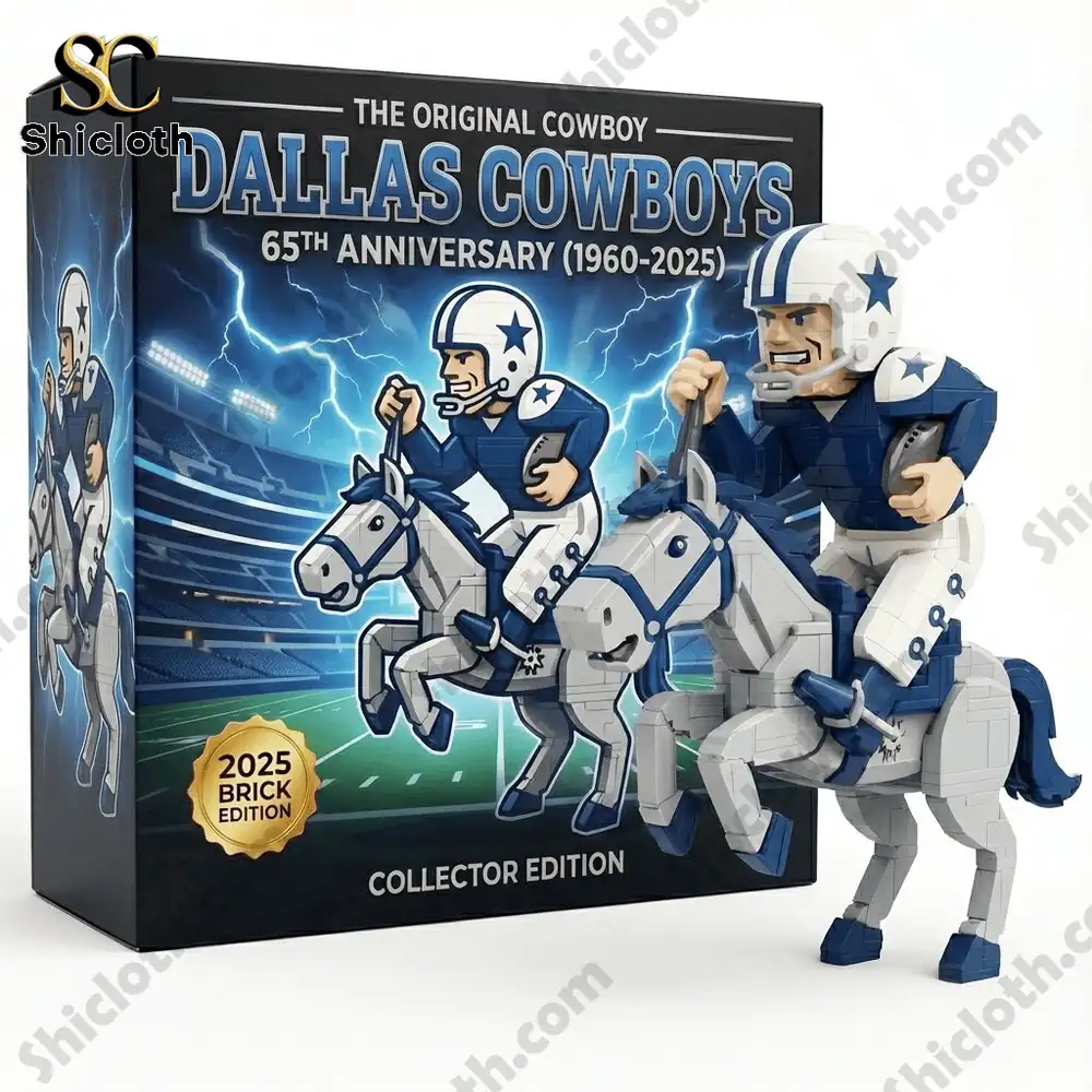 A collector toy set with a cowboy figure riding a horse in Dallas Cowboys theme for anniversary!
